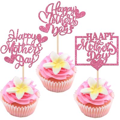 24 Pack Happy Mother's Day Cupcake Toppers Heart Love Mother Best Mom Cupcake Food Picks Women Birthday Happy Mother's Day Theme Party Cake Decorations Supplies Pink