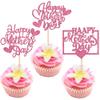 24 Pack Happy Mother's Day Cupcake Toppers Heart Love Mother Best Mom Cupcake Food Picks Women Birthday Happy Mother's Day Theme Party Cake Decorations Supplies Pink view 1