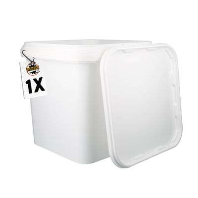 1 bucket with lid, 5 litres, white, square, plastic bucket, food-safe, airtight and stable, empty bucket with handle and lid for food, chemicals, adhesives