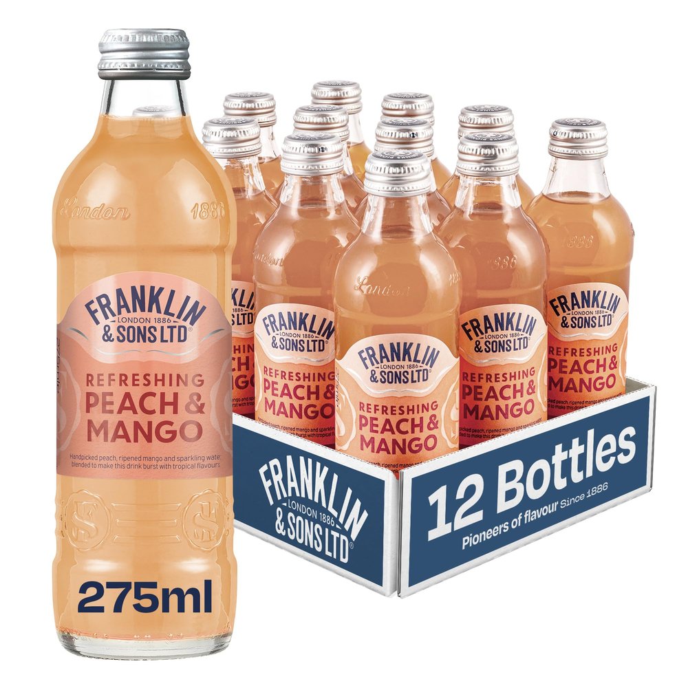 Franklin & Sons Peach And Mango | 12 x 275ml Bottle Case | Fresh Juicy Peach | Ripe Mango | All Natural flavours | Made with Lake District Water | Sparkling Soft Drink | Premium Fizzy Drink |