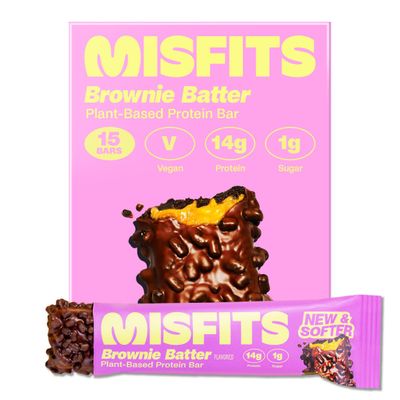 Misfits Vegan Protein Bars - Brownie Batter | Sports Nutrition Bars - 14 grams Protein | 1 gram Sugar | Plant-Based, Low Carb, High Fibre | No Palm Oil | Non-GMO | Pack of 15
