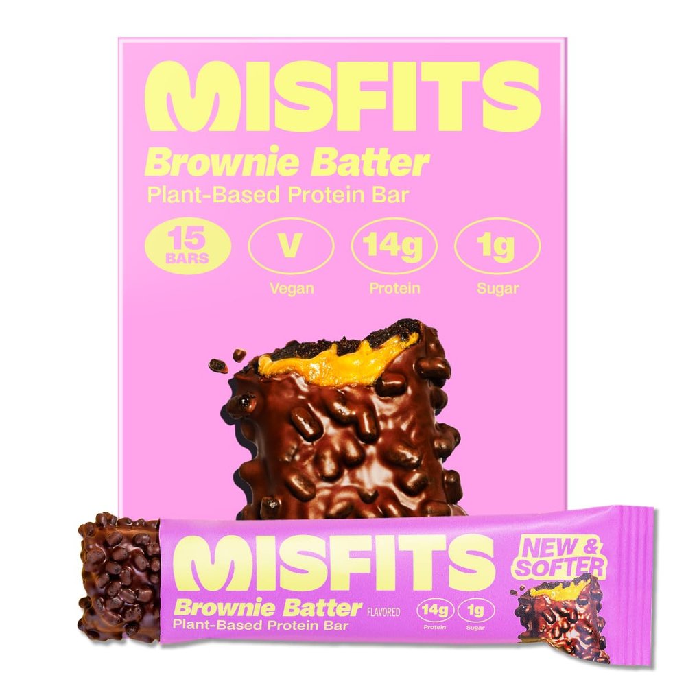 Misfits Vegan Protein Bars - Brownie Batter | Sports Nutrition Bars - 14 grams Protein | 1 gram Sugar | Plant-Based, Low Carb, High Fibre | No Palm Oil | Non-GMO | Pack of 15
