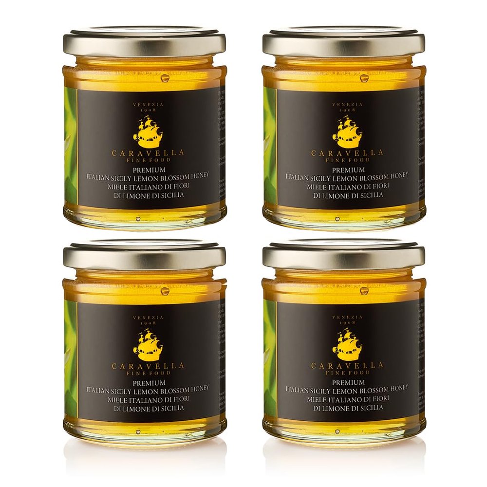 Caravella Fine Food - Pack x 4 - Italian Lemon Blossom Honey 250 gr - Pure, Raw, Unpasteurized 100% Italian Honey