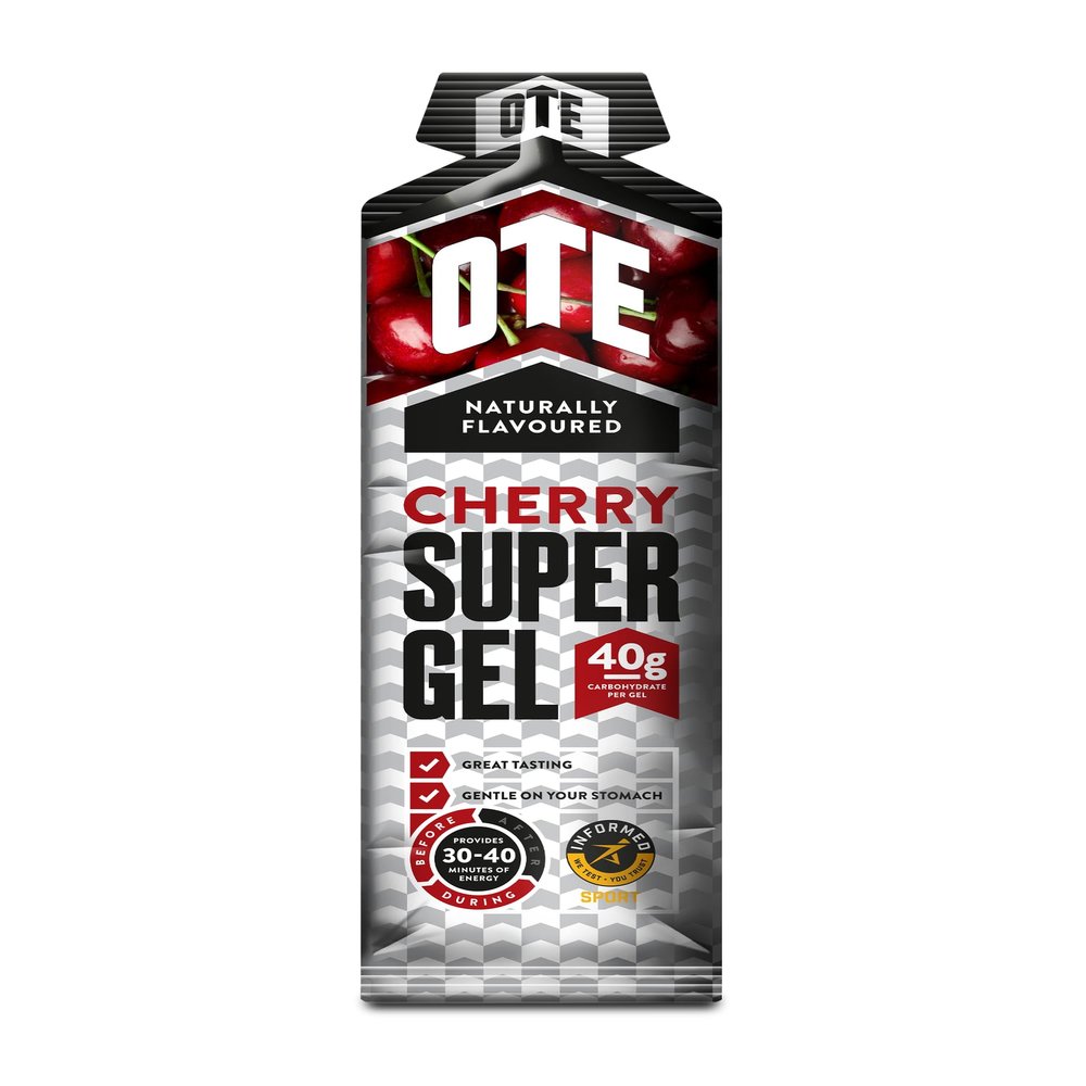 OTE Super Gel - Energy Gels for Running & Cycling - Dual Source Energy with 40g of Carbohydrates - Superior Glucose Fuel for Swimming, Triathlons & Endurance Sports - Box of 12 (Cherry)