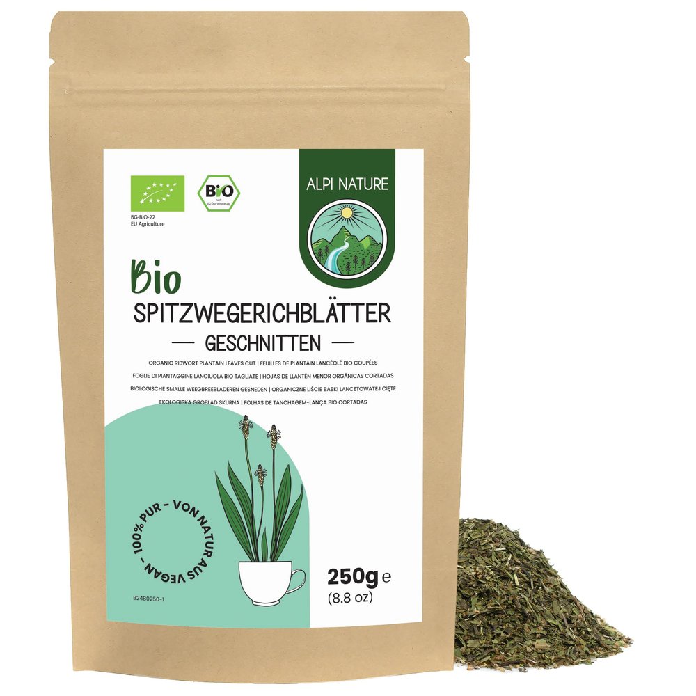 Alpi Nature Organic Ribwort Plantain Tea 250g 8.8 oz, Dried and Cut Ribwort Plantain Leaves