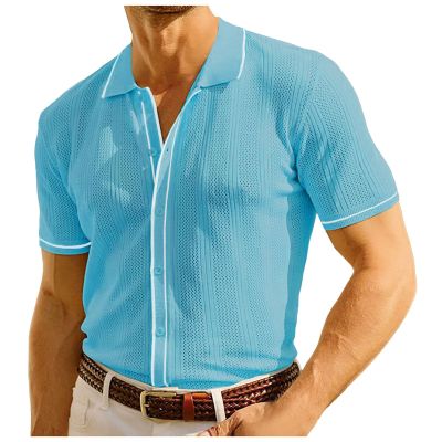 Duohropke Men's Knitted Polo Shirts Short Sleeve Turn-Down Collar Button Placket Plain Stripes T-Shirt Stretch Slim Fit Golf T-Shirt Tops Tennis Muscle Fit T-Shirt Blouse Tops, blue, 3XL