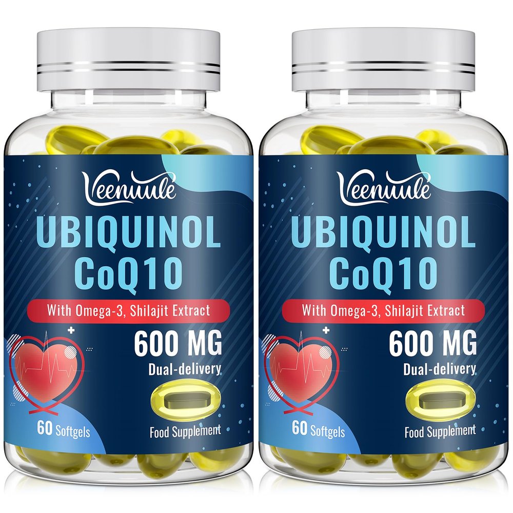 Ubiquinol CoQ10 600mg Softgels with Shilajit Extract 300mg, Omega-3 150mg - Dual-delivery System - Enhanced Absorption for Maximum Active CoQ10 Utilization (60 Count, Pack of 2)
