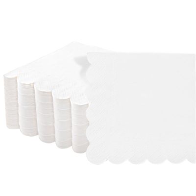100 White Scalloped Cocktail Napkins, 3 Ply 5 x 5 Inch Beverage Napkins Paper Napkins Disposable Luncheon Napkins for Wedding Birthday Party Bridal Anniversary Baby Shower