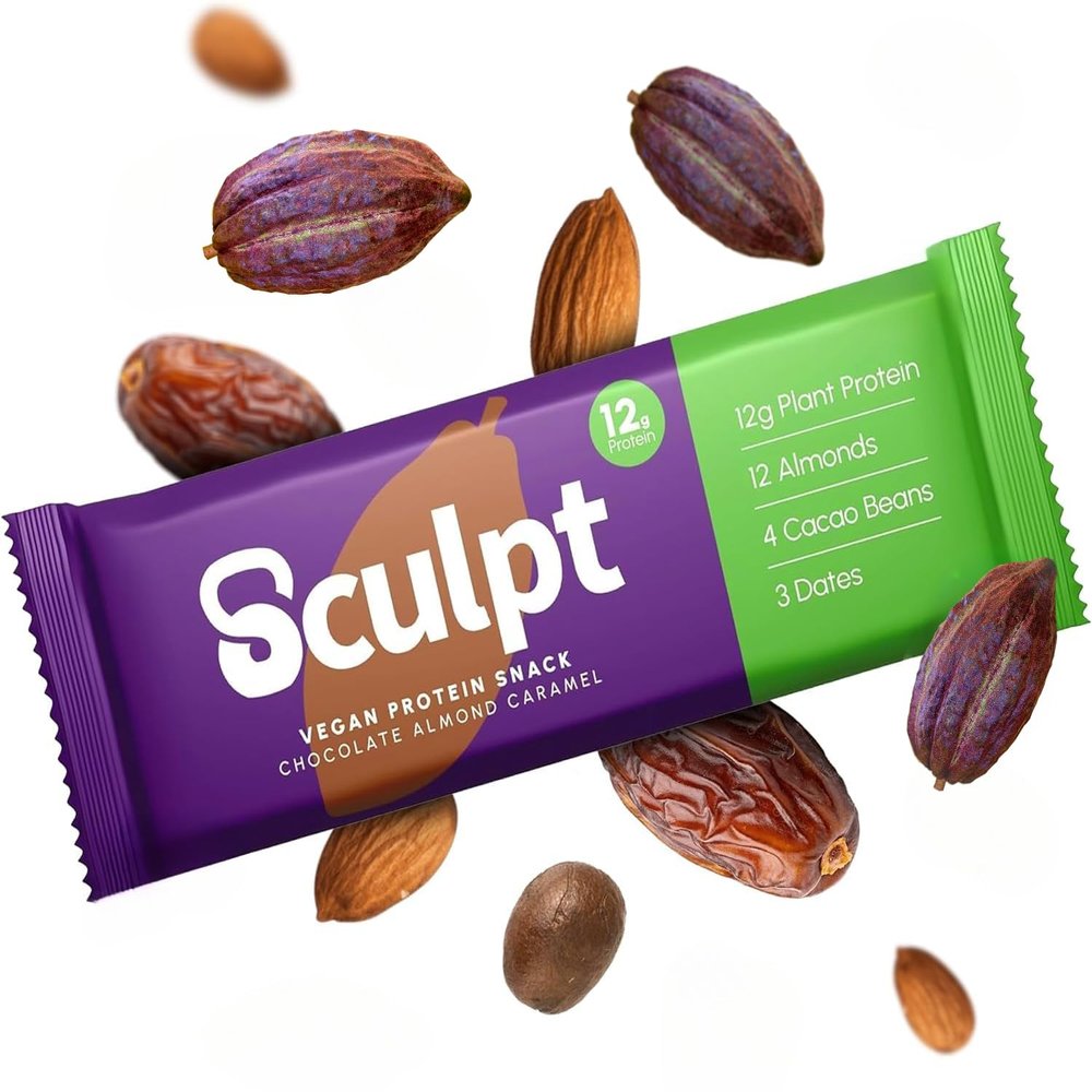 Sculpt Vegan Protein Bars  Chocolate Almond Caramel  12 x 55g Bars  12g Plant Protein  Packed with Almonds, Cacao Nuts, Dates  High Fibre  Ideal for Recovery and On-the-Go Snacking
