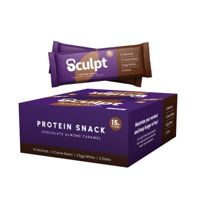 Sculpt Protein Bars  Chocolate Almond Caramel - 12 x 55g Bars  15g Protein  Packed with Almonds, Cacao Nuts, Egg Whites, Dates  High Fibre Snack for Gym Recovery & On-the-Go Energy