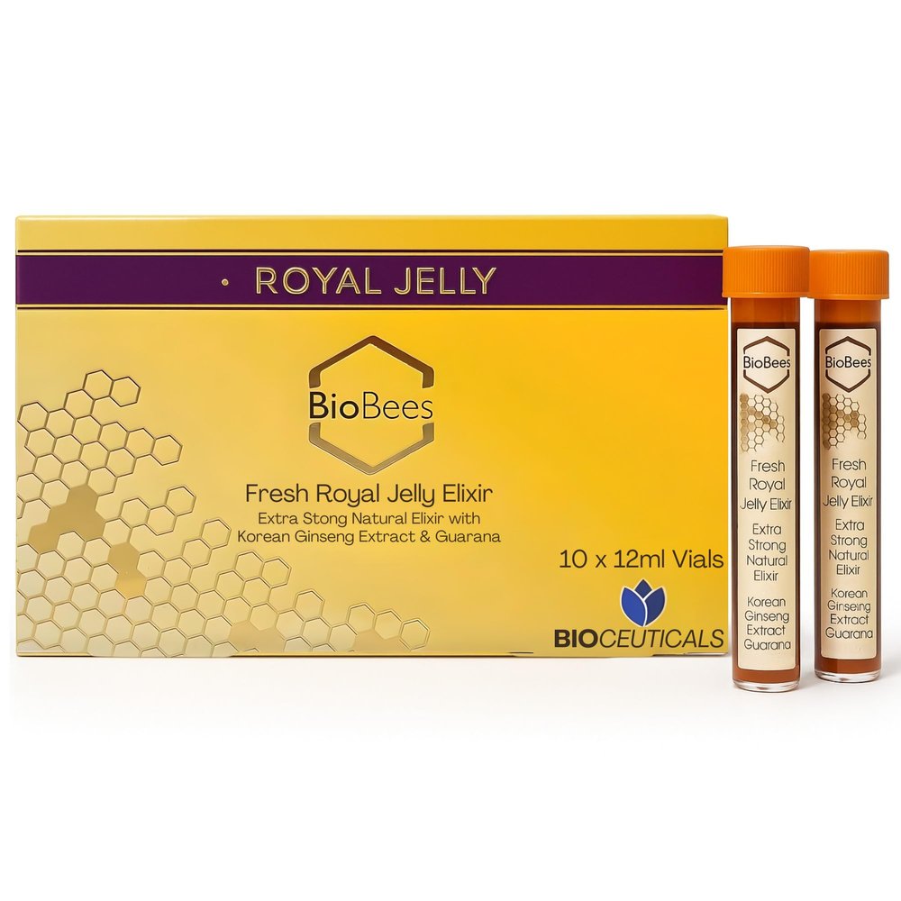BioBees Fresh Royal Jelly Elixir 10 Vials, 10 Days Supply Natural Energy & Immune Support Supplement with Korean Ginseng, Guarana & Herbal Blend for Vitality, Skin Health, Memory, Mood