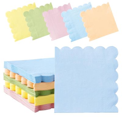 100 Pastel Rainbow Scalloped Cocktail Napkins, 3 Ply 5 x 5 Inch Beverage Napkins Paper Napkins Disposable Luncheon Napkins for Wedding Birthday Party Bridal Anniversary Baby Shower