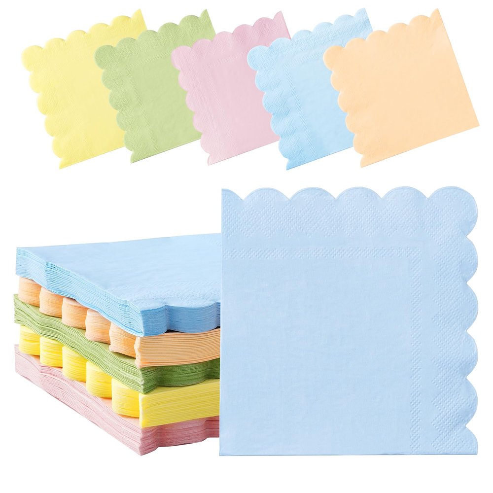 100 Pastel Rainbow Scalloped Cocktail Napkins, 3 Ply 5 x 5 Inch Beverage Napkins Paper Napkins Disposable Luncheon Napkins for Wedding Birthday Party Bridal Anniversary Baby Shower