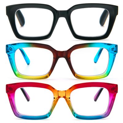 MMOWW 3-Pack Oversized Reading Glasses for Women - Anti Blue Light Glasses with Square Frame (Black+Light blue+Rainbow, +2.0)