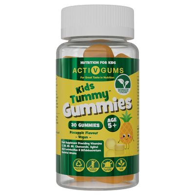 Kids Tummy 30 Vegan Gummies | for Aiding Gut Health | Vitamins C, B3, B5, B6, Chamomile 1000mg, 1.125 Billion CFU Probiotics, Xyiltol | Resealable & Recyclable Pouch | Suitable for Ages 5+ ActivGums