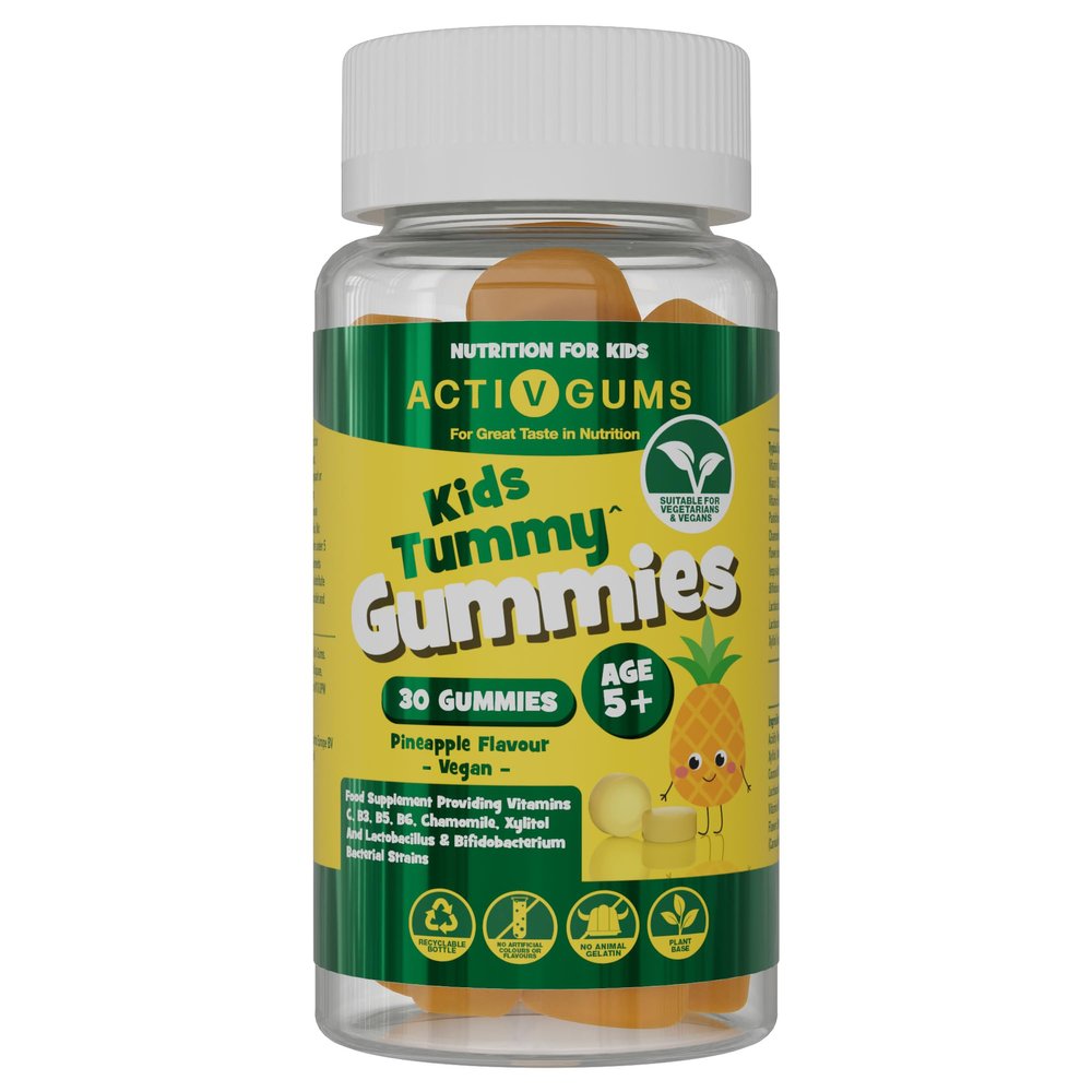Kids Tummy 30 Vegan Gummies | for Aiding Gut Health | Vitamins C, B3, B5, B6, Chamomile 1000mg, 1.125 Billion CFU Probiotics, Xyiltol | Resealable & Recyclable Pouch | Suitable for Ages 5+ ActivGums