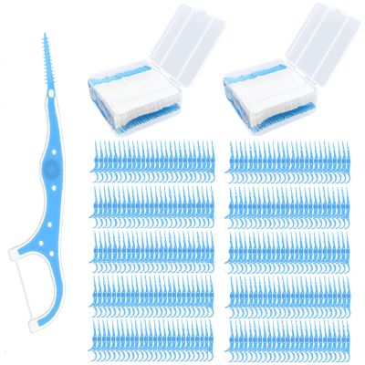 Aruatu 2 Pack 2 in 1 Interdental Brushes, Dental Brushes with Floss Stick Silicone Tooth Picks Floss Sticks for Narrow Gaps Braces Oral Cleaning (Blue)