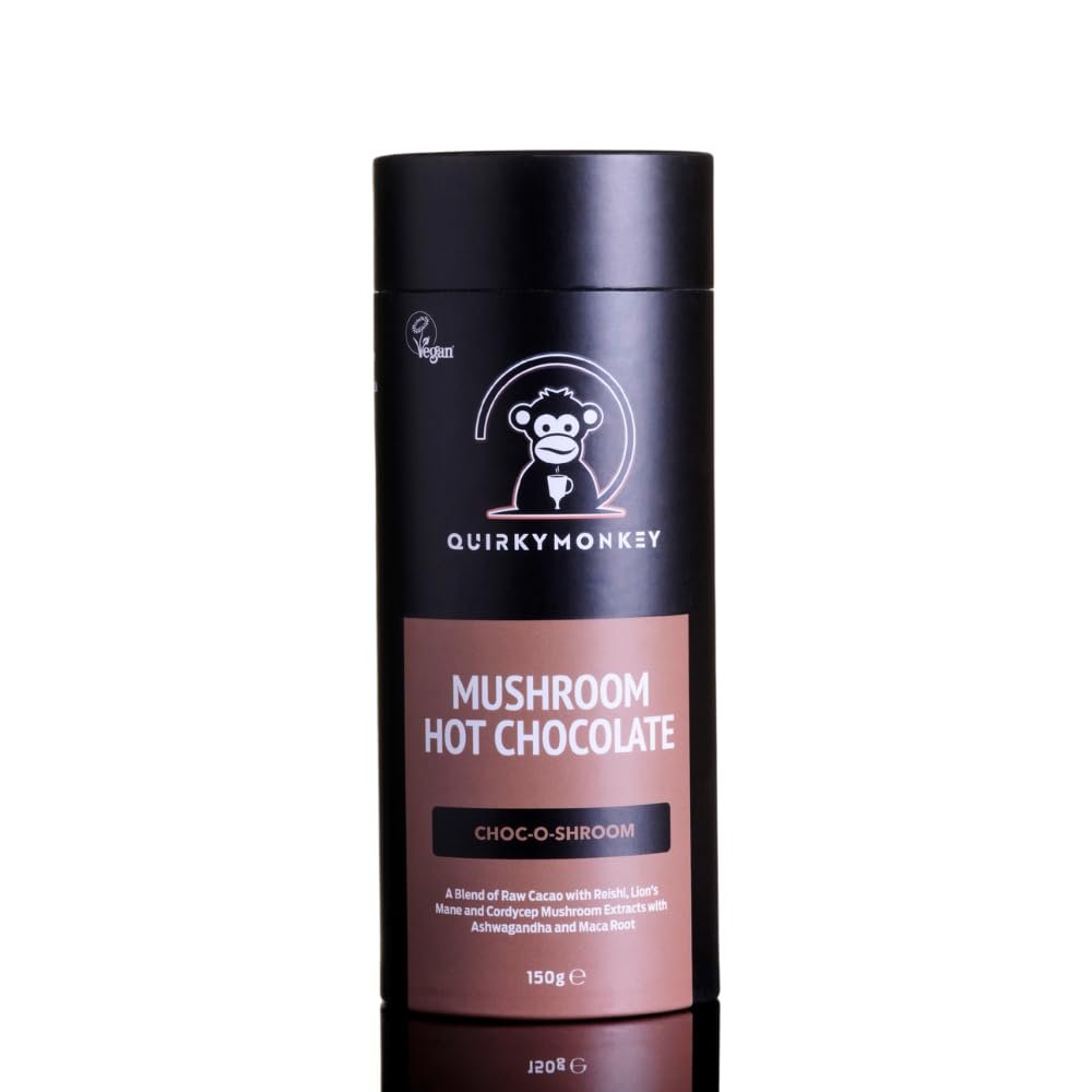 Quirky Monkey - 'Choc-O-Shroom' - Mushroom Hot Chocolate - Reishi, Cordyceps, Lions Mane Fusion - with Raw Cacao, Ashwagandha, Maca, MCT Oil, Cinnamon, Rose Hip - Vegan & Gluten Free, 150g Tube