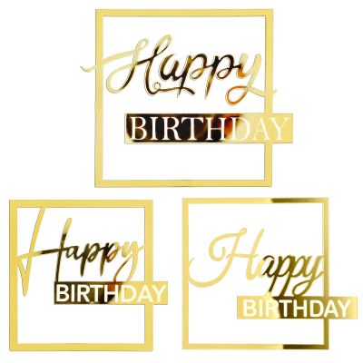 3 PCS Gold Happy Birthday Cake Topper - Mirror Acrylic Cupcake Toppers, Cake Decoration Hollow Frame for Birthday Party Decor Supplies
