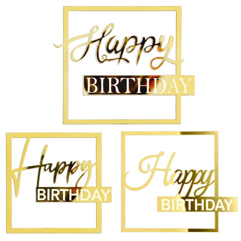 3 PCS Gold Happy Birthday Cake Topper - Mirror Acrylic Cupcake Toppers, Cake Decoration Hollow Frame for Birthday Party Decor Supplies