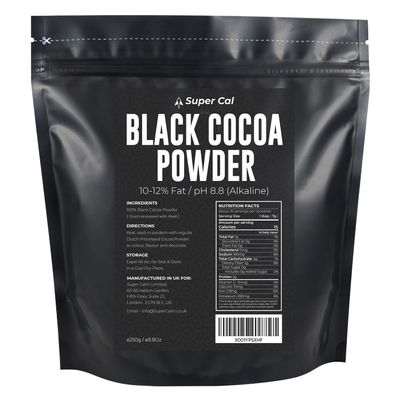 Black Cocoa Powder for Baking - 250g Pouch | Intense Deep Black Dutch Processed Unsweetened Cocoa Powder | pH 8.8 (Zero Bitterness) with 10-12% Fat | Super Cal
