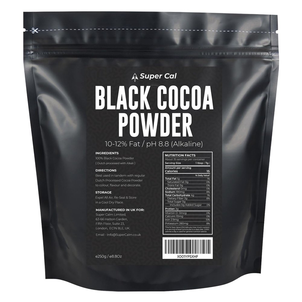 Black Cocoa Powder for Baking - 250g Pouch | Intense Deep Black Dutch Processed Unsweetened Cocoa Powder | pH 8.8 (Zero Bitterness) with 10-12% Fat | Super Cal