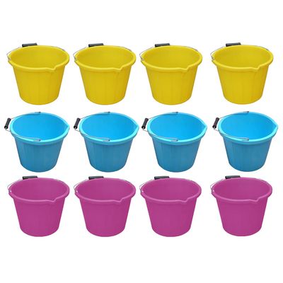 [4 x Yellow + 4 x Sky Blue + 4 x Pink] - Heavy Duty 3 GALLON 14 Litre Plastic Builders Bucket Cement Mixing Bucket with Spout and Easy-Grip Handle Animal Feed Tub Water Bucket For Home & Garden.
