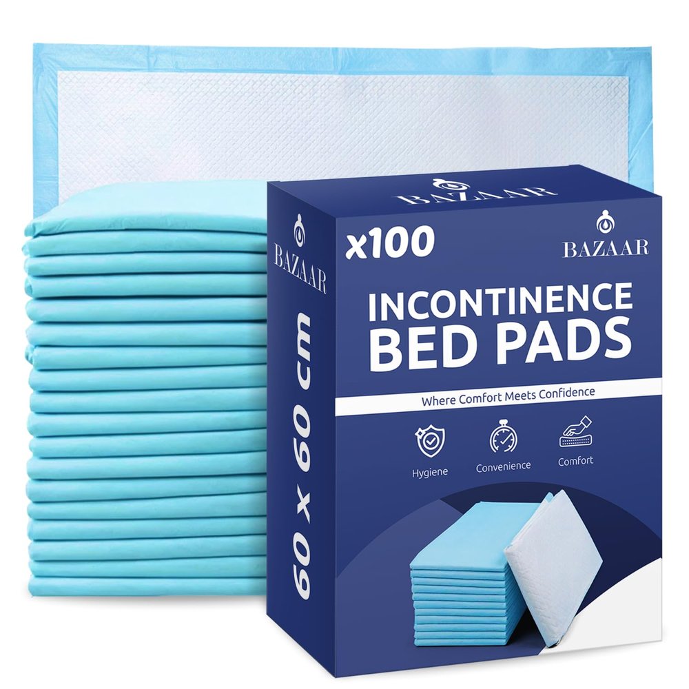 100 x Bazaar Disposable Incontinence Bed Pads 60 x 60cm | Highly-Absorbent Incontinence Bed Sheets | Waterproof Incontinence Sheets for Sofa, Mattress, Chair & for Babies, Children, Adults, & Elderly.