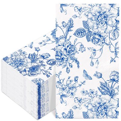 100 Pcs Floral Guest Napkins Disposable Blue Flower Paper Napkins Chinoiserie Flower Dinner Hand Towels for Bathroom Party Supplies Table Decorations