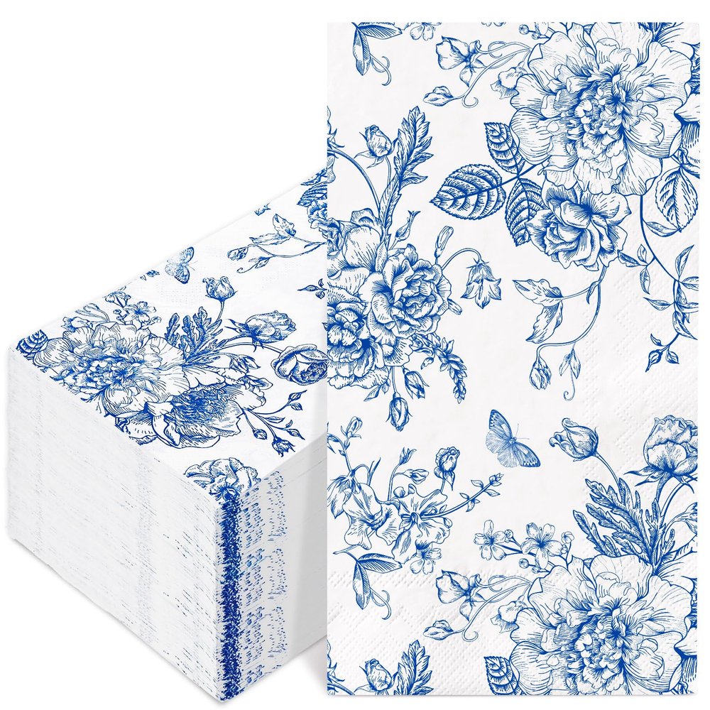 100 Pcs Floral Guest Napkins Disposable Blue Flower Paper Napkins Chinoiserie Flower Dinner Hand Towels for Bathroom Party Supplies Table Decorations