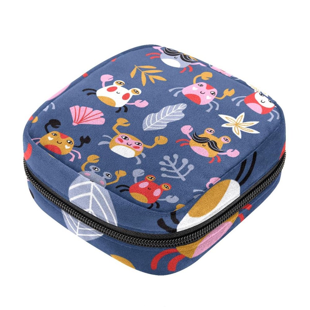 Sanitary Napkin Storage Bag, Cute Cartoon Crabs Leaves First Period Kit Bag for Girls Women, Menstrual Cup Pouch Feminine Menstruation Tampon Bags Holde