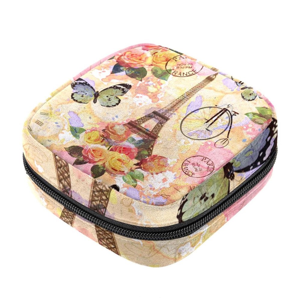 RODAILYCAY Zipper Sanitary Napkin Bag, Soft Menstrual Pad Pouch, Eiffel Tower Vintage Storage Bag for Sanitary Napkin Pads, Tampon Holder Pad Purse
