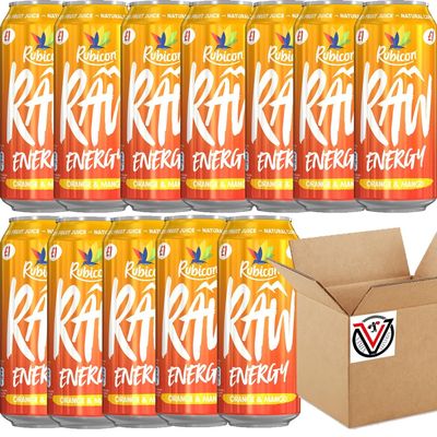 12 x Rubiconn Raw Energy Orange & Mango 500ml - Carbonated Mixed Fruit Juice and Flavour Energy Drink with Added Caffeine, Vitamins, Sugar and Sweetener