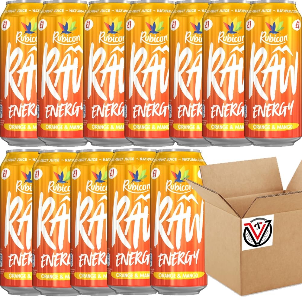 12 x Rubiconn Raw Energy Orange & Mango 500ml - Carbonated Mixed Fruit Juice and Flavour Energy Drink with Added Caffeine, Vitamins, Sugar and Sweetener