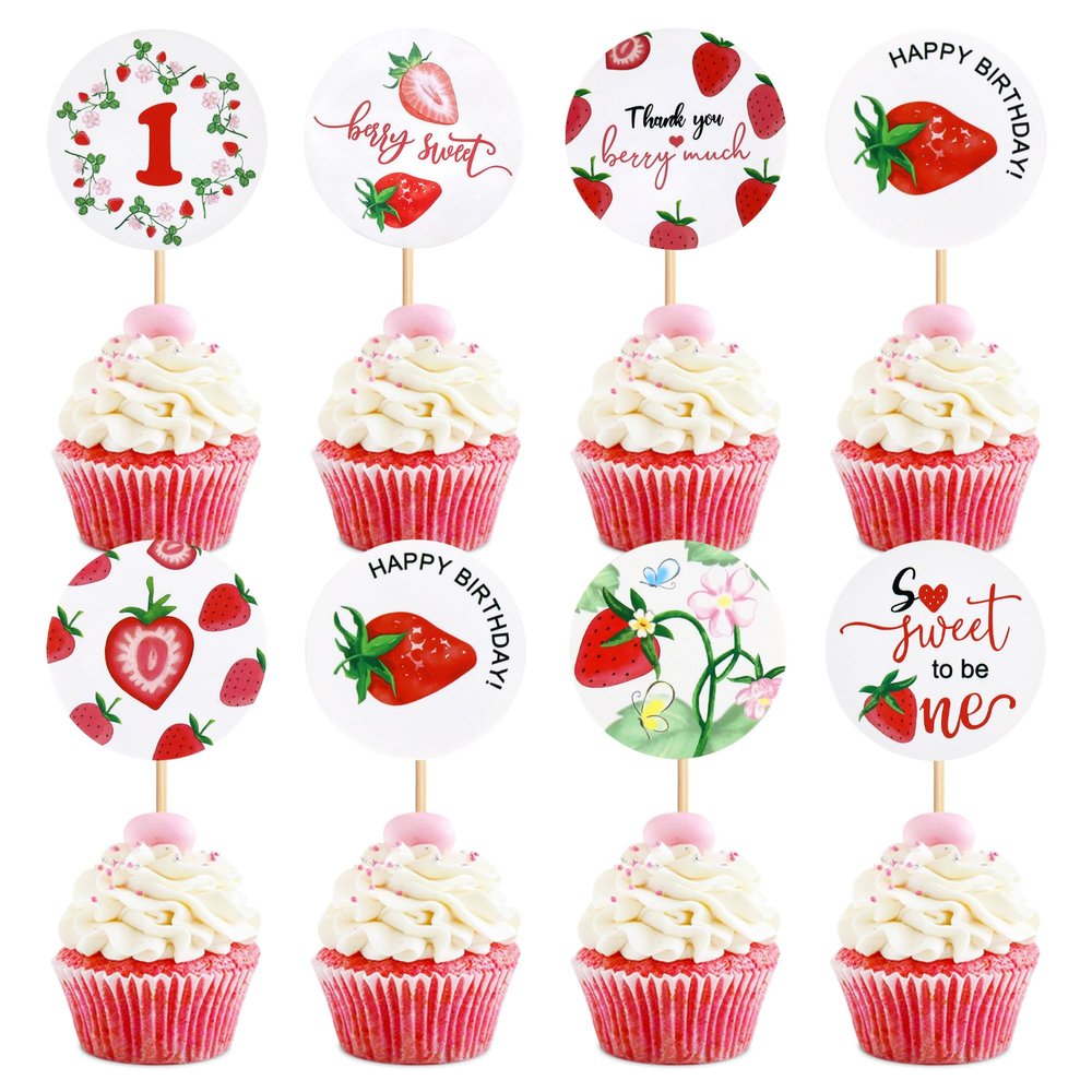Ercadio 28 Pack Strawberry Cupcake Toppers Sweet Strawberry Theme Party Cupcake Picks for Baby Shower Kids 1st Birthday Anniversary Party Birthday Strawbeey Party Decoration Supplies