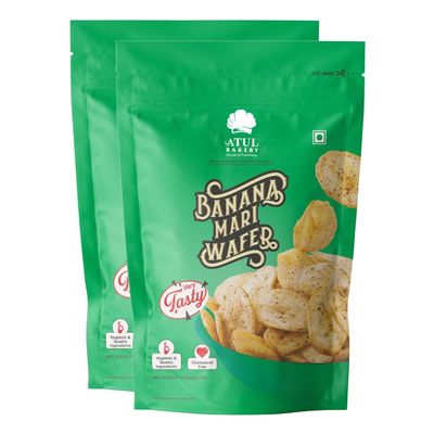 Atul Bakery Namkeens Savory Snacks (200 Gram)  Easy to Carry Anywhere  Crispy, Crunchy & Spicy  Made With Authentic Taste  Enjoy At Tea Time (Pack of 2, Atul Bakery Banana Wafers Pepper (Mari))