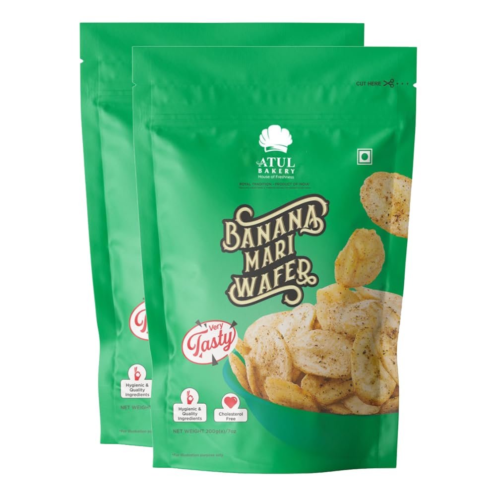 Atul Bakery Namkeens Savory Snacks (200 Gram)  Easy to Carry Anywhere  Crispy, Crunchy & Spicy  Made With Authentic Taste  Enjoy At Tea Time (Pack of 2, Atul Bakery Banana Wafers Pepper (Mari))