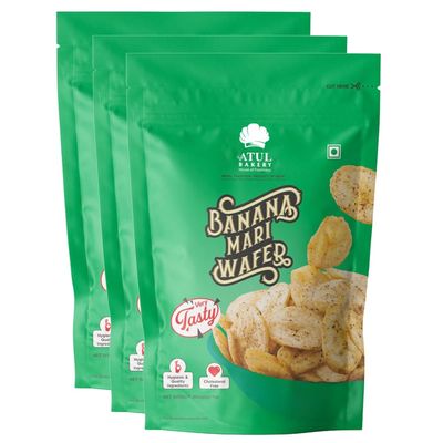 Atul Bakery Namkeens Savory Snacks (200 Gram)  Easy to Carry Anywhere  Crispy, Crunchy & Spicy  Made With Authentic Taste  Enjoy At Tea Time (Pack of 3, Atul Bakery Banana Wafers Pepper (Mari))