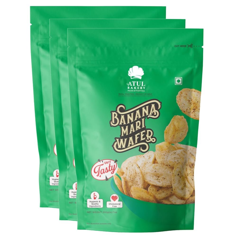 Atul Bakery Namkeens Savory Snacks (200 Gram)  Easy to Carry Anywhere  Crispy, Crunchy & Spicy  Made With Authentic Taste  Enjoy At Tea Time (Pack of 3, Atul Bakery Banana Wafers Pepper (Mari))