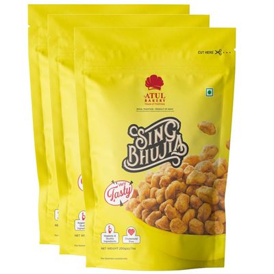 Atul Bakery Namkeens Savory Snacks (200 Gram) Easy to Carry Anywhere Crispy, Crunchy & Spicy Made With Authentic Taste Enjoy At Tea Time (Pack of 3, Atul Bakery Sing Bhujia)