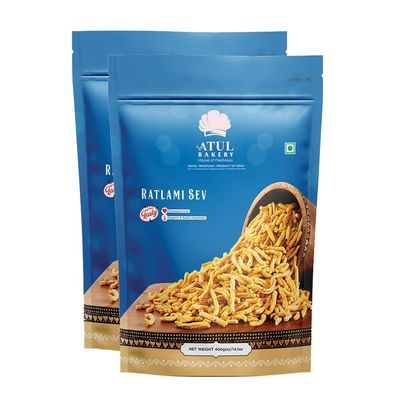 Atul Bakery Namkeens Savory Snacks (400 Gram)  Easy to Carry Anywhere  Crispy, Crunchy & Spicy  Made With Authentic Taste  Enjoy At Tea Time (Pack of 2, Atul Bakery Ratlami Sev)