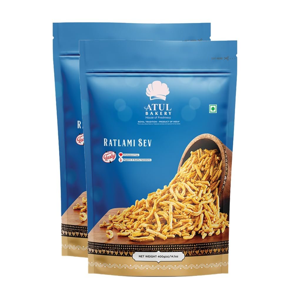 Atul Bakery Namkeens Savory Snacks (400 Gram)  Easy to Carry Anywhere  Crispy, Crunchy & Spicy  Made With Authentic Taste  Enjoy At Tea Time (Pack of 2, Atul Bakery Ratlami Sev)