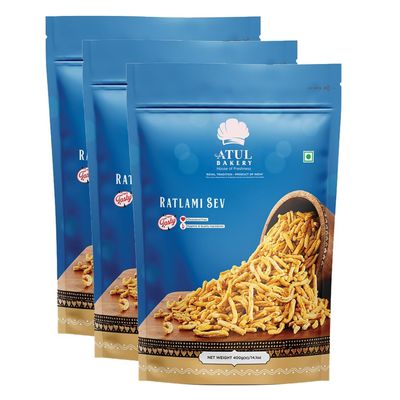 Atul Bakery Namkeens Savory Snacks (400 Gram) Easy to Carry Anywhere Crispy, Crunchy & Spicy Made With Authentic Taste Enjoy At Tea Time (Pack of 3, Atul Bakery Ratlami Sev)