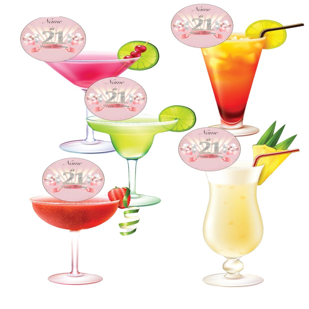15 Pre-Cut Circle Personalised 21st Birthday Girl Edible Wafer Paper Cocktail Drinks Champagne Prosecco Toppers Decorations - 5cm Circles
