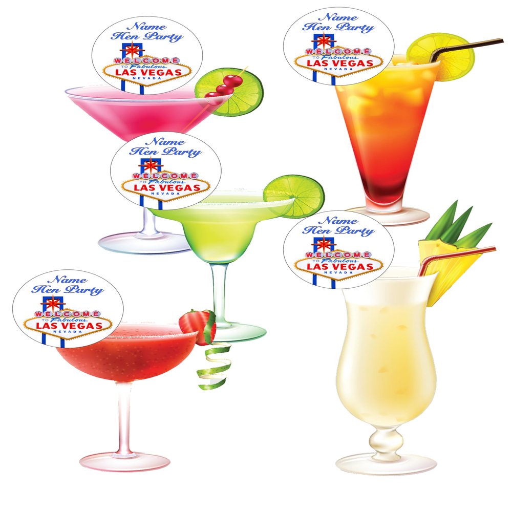 Top That 15 Pre-Cut Circle Personalised Las Vegas Hen Party Edible Wafer Paper Cocktail Drinks Champagne Prosecco Toppers Decorations - 5cm Circles