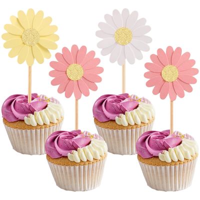 24Pcs Daisy Cupcake Toppers Glitter Flower Daisy Cake Decorations Chrysanthemum Cupcake Toppers Spring Daisy Flower Cake Picks for Birthday Wedding Supplies Multi 2