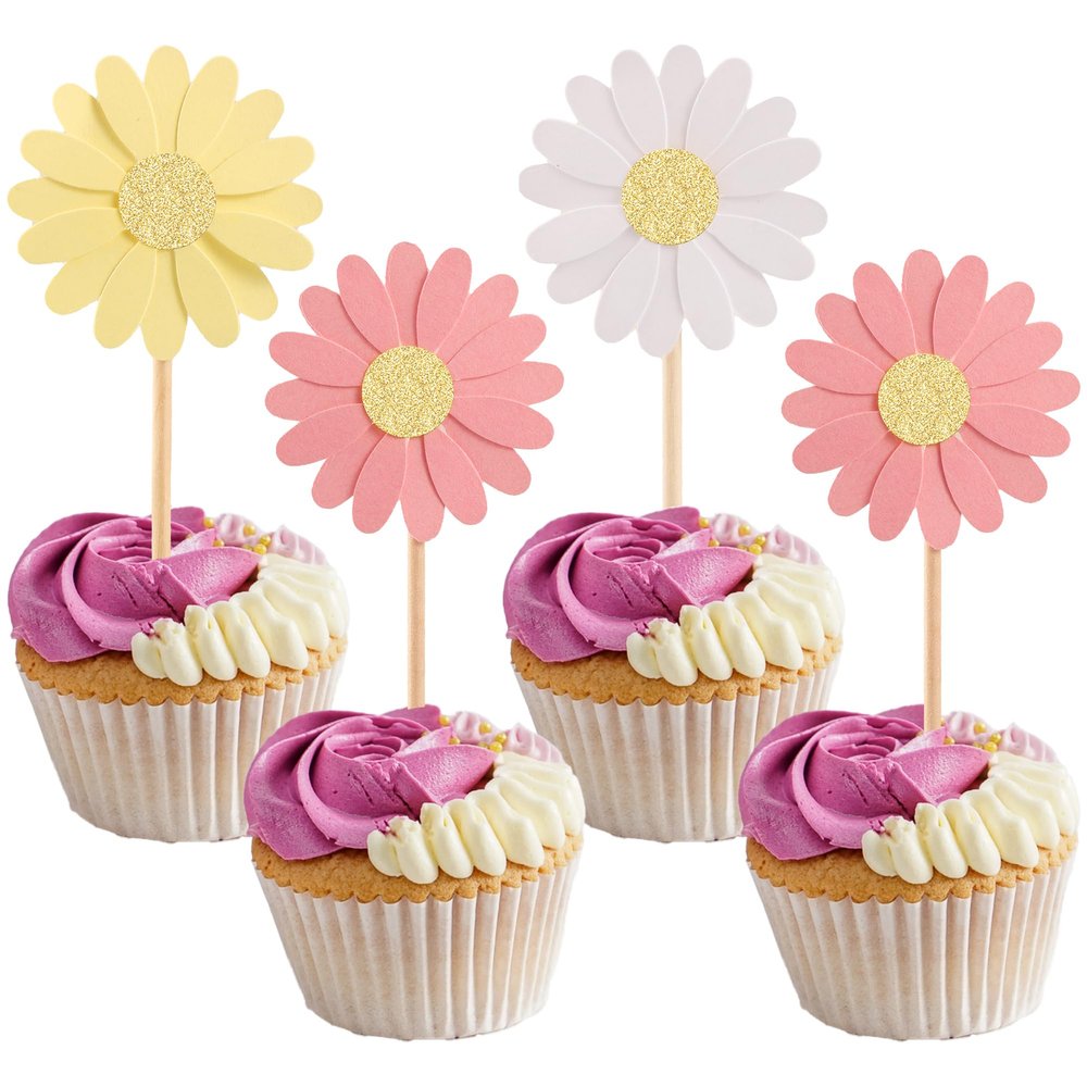 24Pcs Daisy Cupcake Toppers Glitter Flower Daisy Cake Decorations Chrysanthemum Cupcake Toppers Spring Daisy Flower Cake Picks for Birthday Wedding Supplies Multi 2