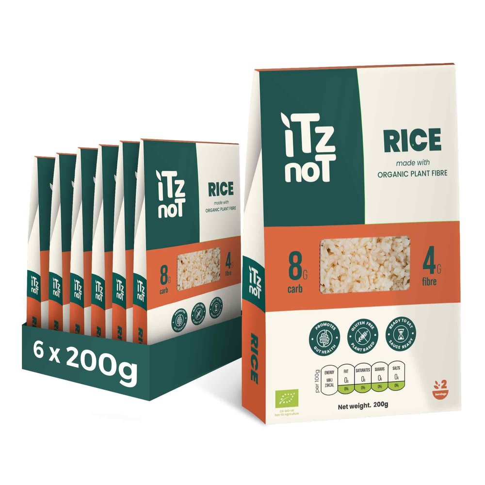 iTz noT jusT RICE (Pack of 6, 200g Each) Ready cooked, Shirataki, Moyu, Konjac Plant Fibre Pasta, Low Carb, & No Added Preservatives, Healthy, Gluten Free, Gut Health. 100% Natural
