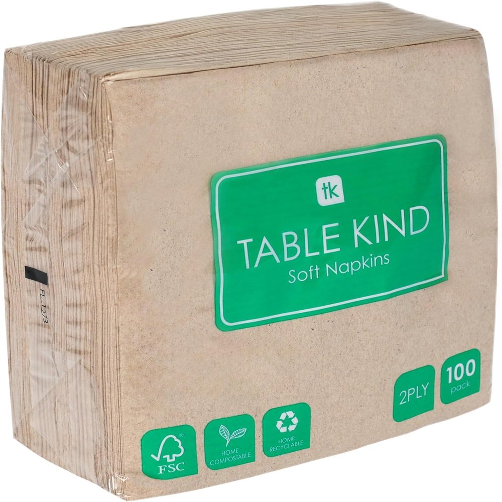 Table Kind | 100 Bulk Pack Soft Recycled Paper Napkins, Brown Disposable Party Serviettes, Catering & Everyday Use, Eco-Friendly, Kraft Unbleached Home Compostable | Recyclable Made in EU, 2ply, 33cm