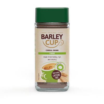 Barleycup Fibre Instant Grain Beverage 100g. High Fibre. Made from the finest roasted grains and chicory roots. Vegan. Free from caffeine and contains no artificial additives